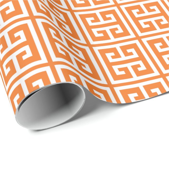 Mandarine-orange griechisches Schlüsselmuster Geschenkpapier (Rolleneckpunkt)