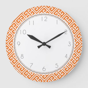 Mandarine Orange griechisches Schlüsselmuster Große Wanduhr