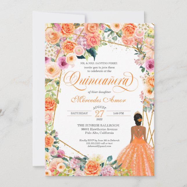 Mandarine Orange Peach Blush Rose Quinceanera Einladung (Vorderseite)