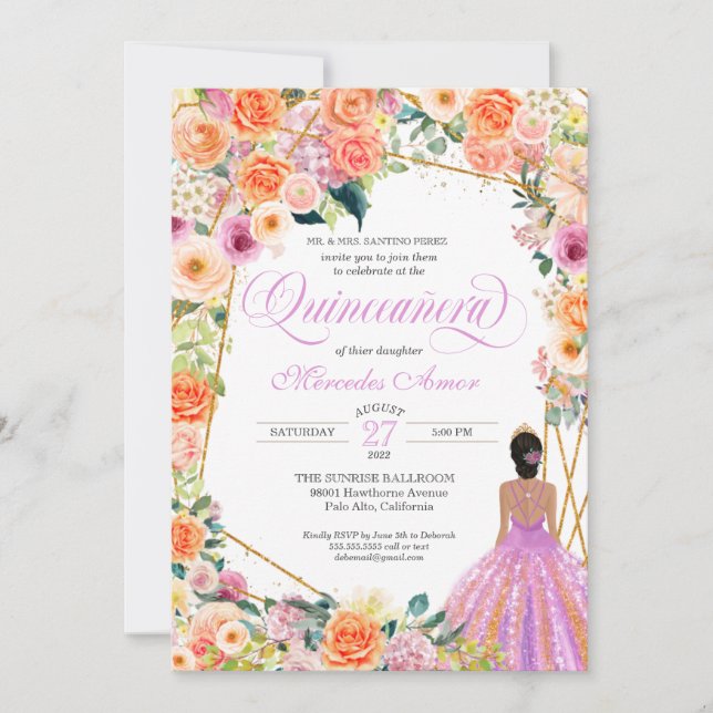 Mandarine Orange Peach Blush Rose Quinceanera Inv. Einladung (Vorderseite)