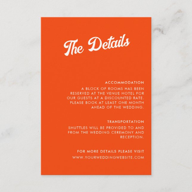 Mandarine Retro-Hochzeitdetails Begleitkarte (Vorderseite)
