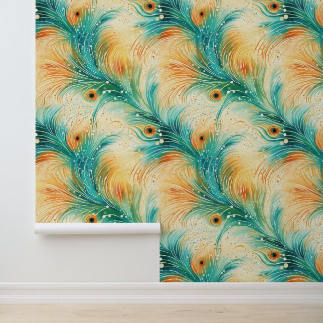 Mandarine Türkis Abstrakt Peacock Feathers Tapete (Anwendung)