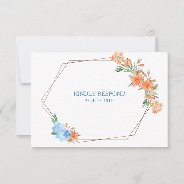 Mandarine und Blauer Blumenrahmen Hochzeitsrabatt RSVP Karte (Vorderseite)