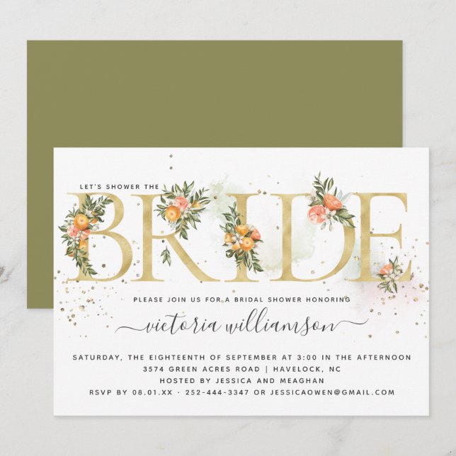 Mandarine Zitrus und Brautparty aus Gold und Blume Einladung (Vorne/Hinten)