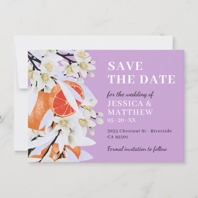 Mandarine Zitrusfrüchte blühende Branchen Wreath F Save The Date (Vorderseite)