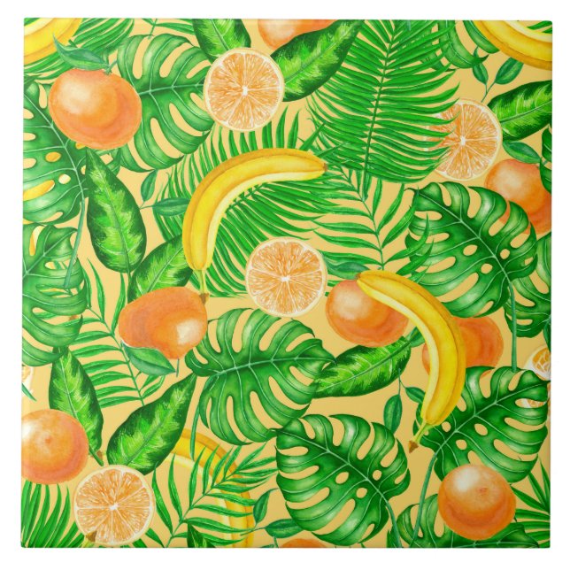 Mandarinen, Bananen und tropische Blätter Fliese (Vorderseite)