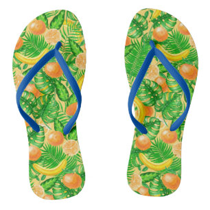 Mandarinen, Bananen und tropische Blätter Flip Flops
