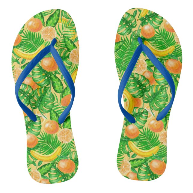 Mandarinen, Bananen und tropische Blätter Flip Flops (Fußbett)