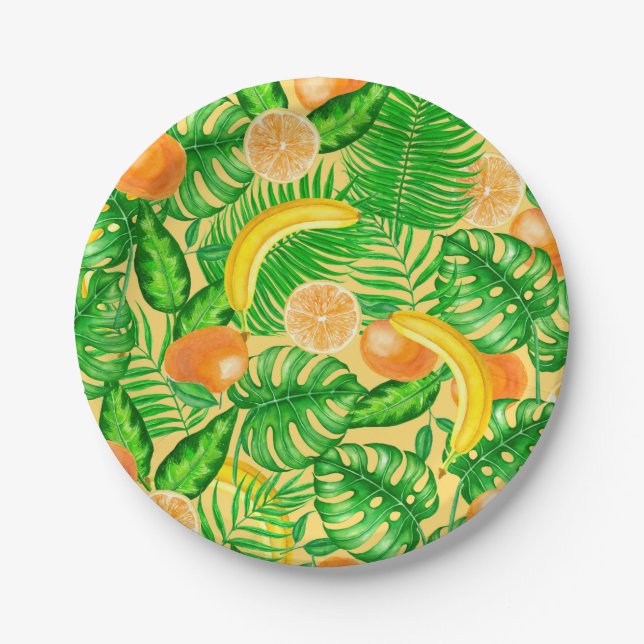 Mandarinen, Bananen und tropische Blätter Pappteller (Vorderseite)