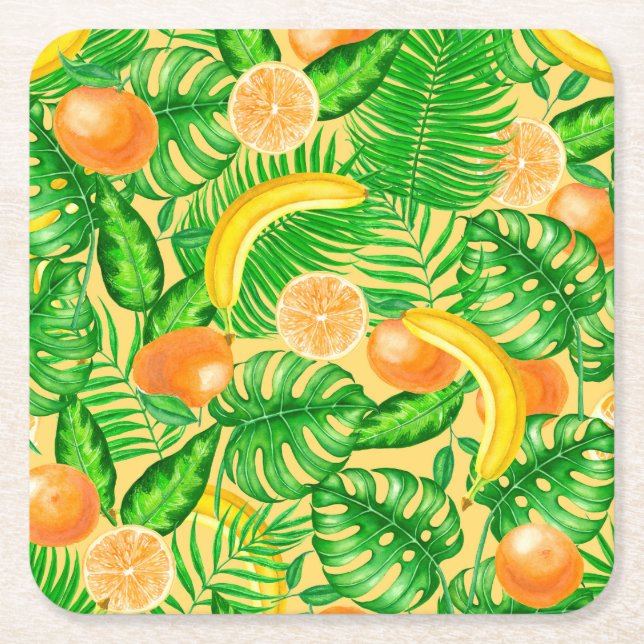 Mandarinen, Bananen und tropische Blätter Rechteckiger Pappuntersetzer (Vorderseite)