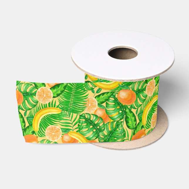Mandarinen, Bananen und tropische Blätter Satinband (Spule)