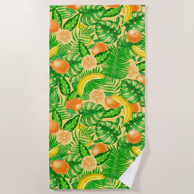 Mandarinen, Bananen und tropische Blätter Strandtuch (Vorderseite)