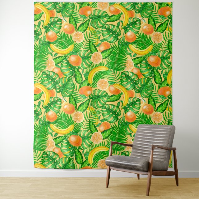 Mandarinen, Bananen und tropische Blätter Wandteppich (Beispiel)