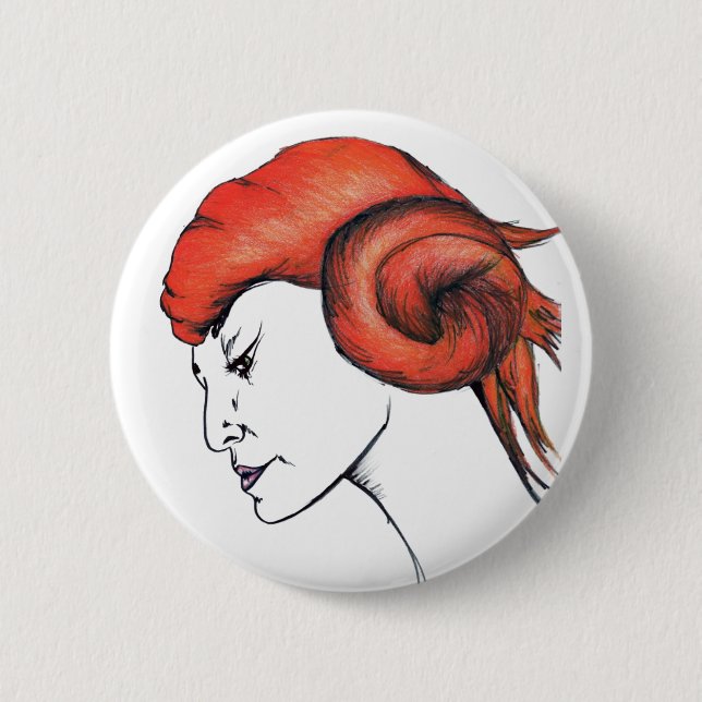 Mandarinen-Orange-Haarmädchen Original Kunstporträ Button (Vorderseite)