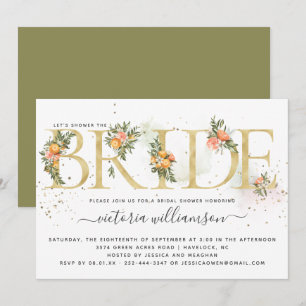 Mandarinen-Zitrus- und Gold-Blumen-Brautparty Einladung