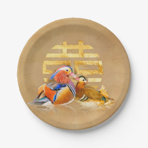 Mandarinenducks und Doppelglückssymbol Pappteller