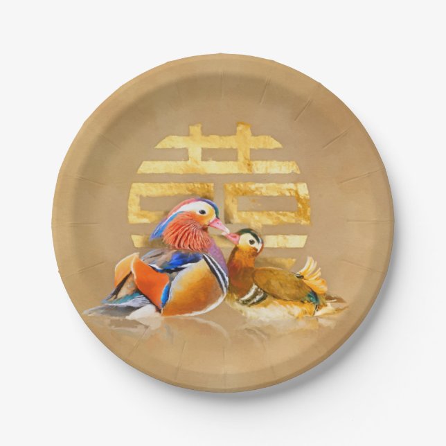 Mandarinenducks und Doppelglückssymbol Pappteller (Vorderseite)