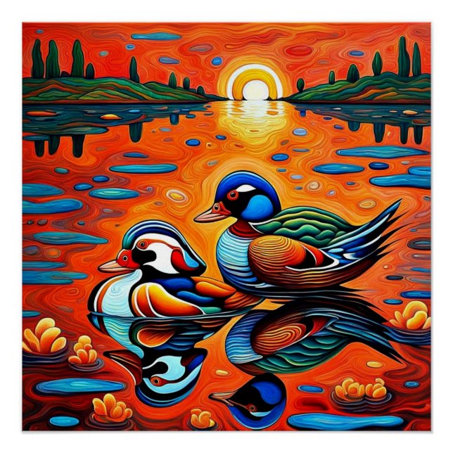 Mandarinenenten bei Sonnenuntergang Poster (Vorderseite)