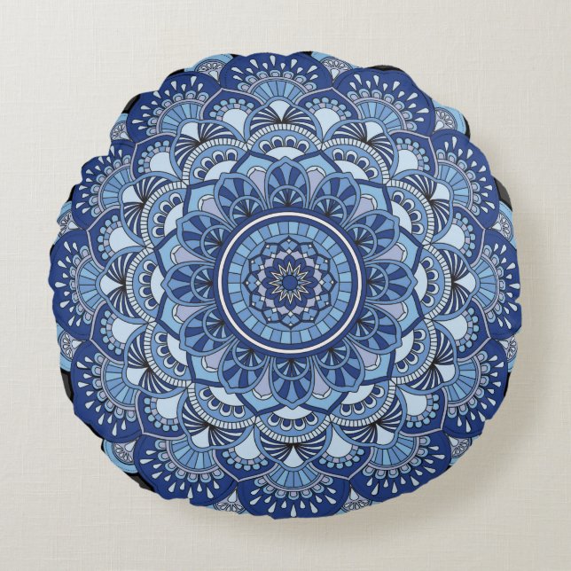 Mandela Blume Blue Rundes Kissen (Vorderseite)