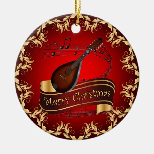 Mandolin 01~ Musical Scroll ~ Frohe Weihnachten ~ Keramik Ornament (Vorne)
