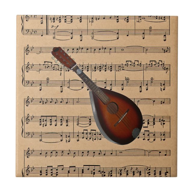 Mandolin mit Notenhintergrund Fliese (Vorderseite)