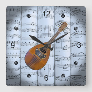 Mandolin~Rollsheet Music~Blue Tint Background ~ Quadratische Wanduhr