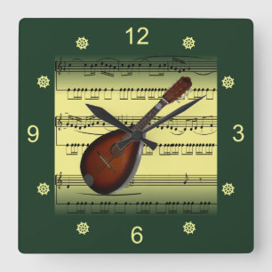 Mandolin~RollSheet Music~Gold/Green Background~ Quadratische Wanduhr