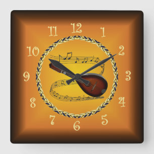 Mandoline 01 auf musikalischer Schriftrolle und ro Quadratische Wanduhr