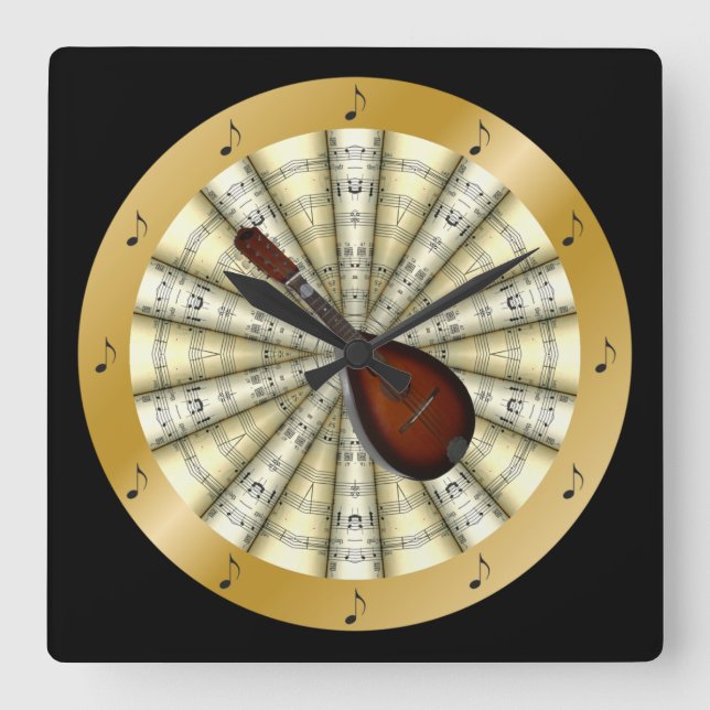 Mandoline ~ rollte Noten ~ Schwarzes oder jede Quadratische Wanduhr (Vorderseite)