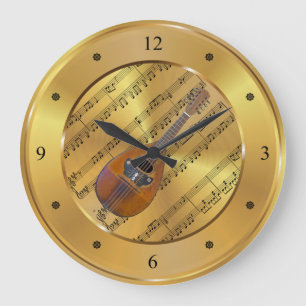 Mandoline ~ Sheet Music ~ Gold Background ~ Einzig Große Wanduhr