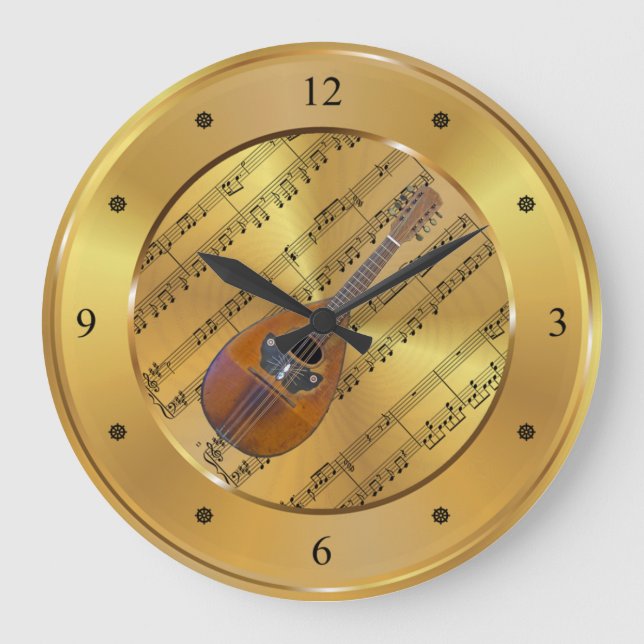 Mandoline ~ Sheet Music ~ Gold Background ~ Einzig Große Wanduhr (Vorderseite)