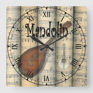 Mandoline ~ Vintage Noten ~ Unique ~ Quadratische Wanduhr
