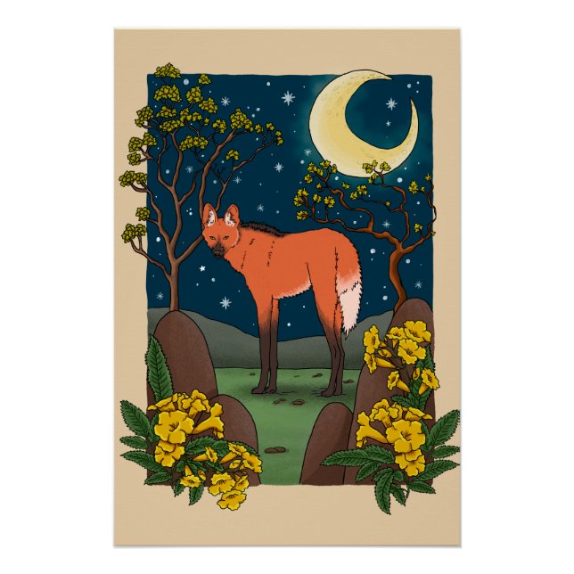 Maned Wolf and Ipe Flower Pillow - Brazilian Anima Poster (Vorderseite)