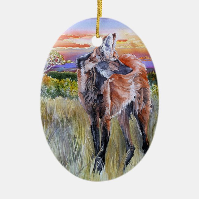 Maned Wolf-Aquarell-Kunst Keramik Ornament (Vorne)