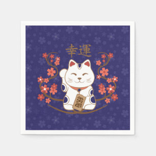 Maneki-neko cat with good luck kanji serviette