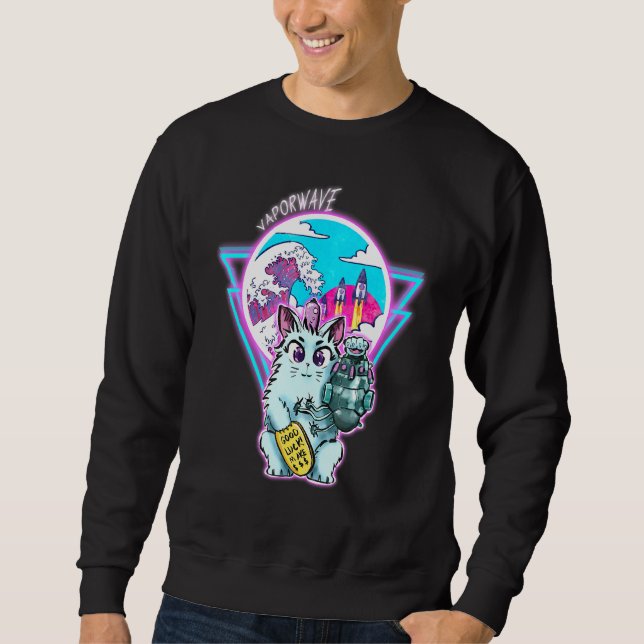 Maneki-Neko Cyberpunk-Katze mit Vapor Wave Style Sweatshirt (Vorderseite)