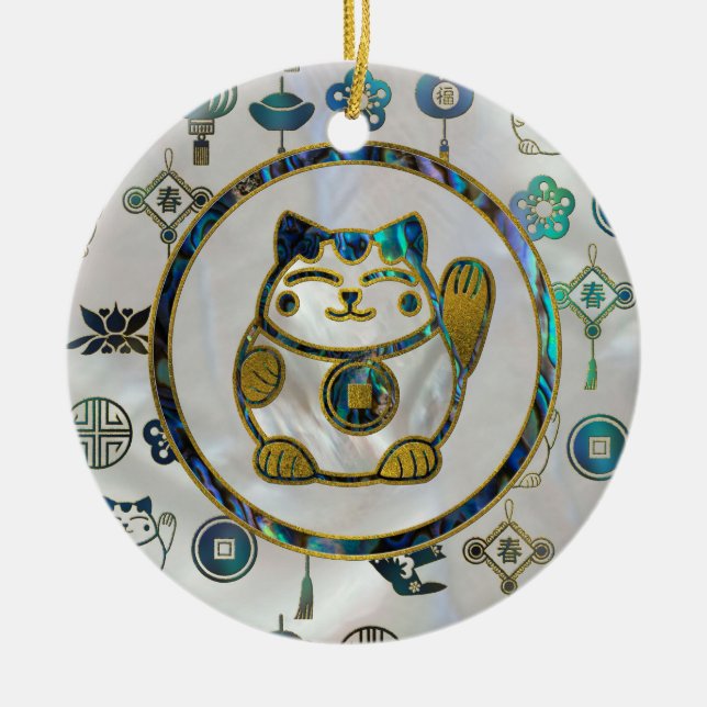 Maneki Neko glückliche Katze auf Perle und Keramikornament (Vorne)