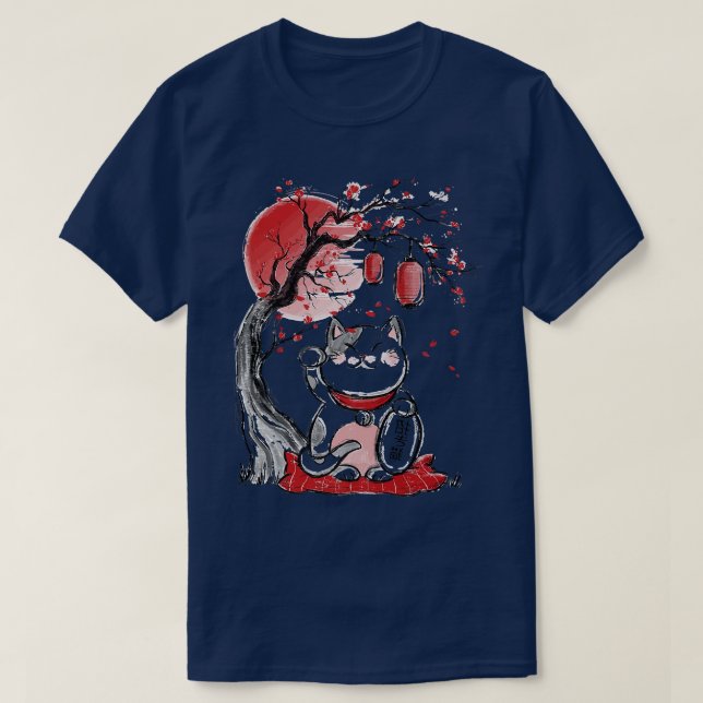Maneki Neko glückliche Katze schwänzend Arm roter  T-Shirt (Design vorne)