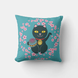 Maneki Neko Japanese Beckoning Lucky Black Cat Kissen