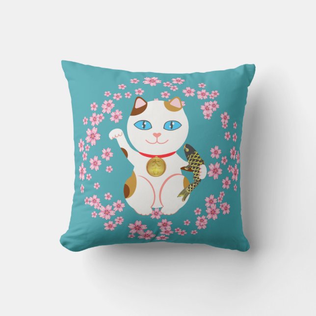 Maneki Neko Japanese Beckoning Lucky Calico Cat Kissen (Vorderseite)