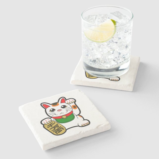 Maneki Neko: Japanisch Lucky Cat Steinuntersetzer (Seitenansicht)