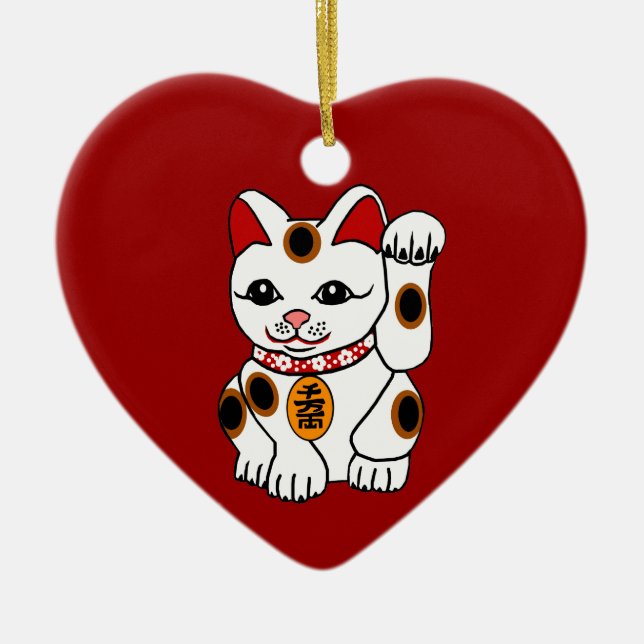 Maneki Neko Katze auf rotem Hintergrund Keramikornament (Vorne)