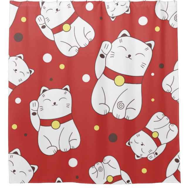 Maneki-Neko Katze, japanisches Doodle-Muster. Duschvorhang (Vorderseite)