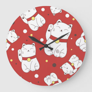 Maneki-Neko Katze, japanisches Doodle-Muster. Große Wanduhr