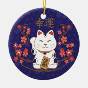 Maneki-neko Katze mit viel Glück-Kanji Keramik Ornament