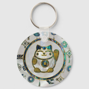 Maneki Neko Lucky cat on  pearl and abalone Schlüsselanhänger
