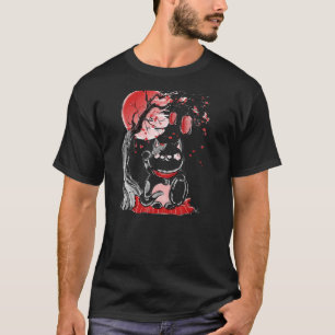 Maneki Neko Lucky Cat Wave Arm Red Moon Beckonin T-Shirt