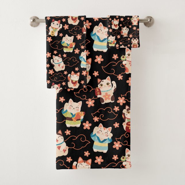 Maneki Neko Lucky Cats Bath Towel Set (Insitu)