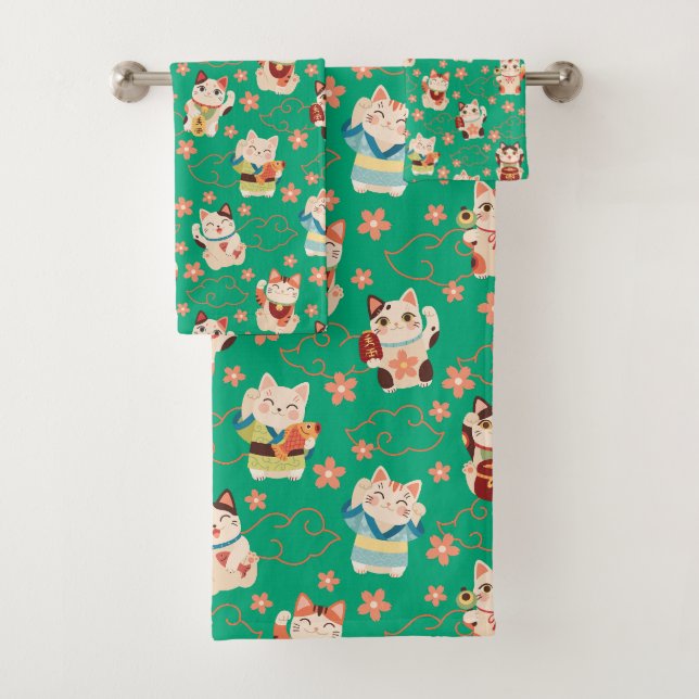 Maneki Neko Lucky Cats Bath Towel Set (Insitu)