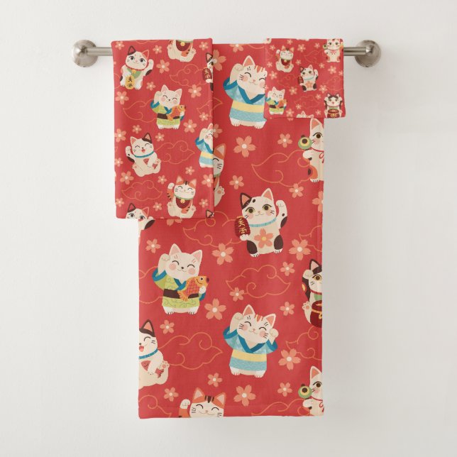 Maneki Neko Lucky Cats Bath Towel Set (Insitu)